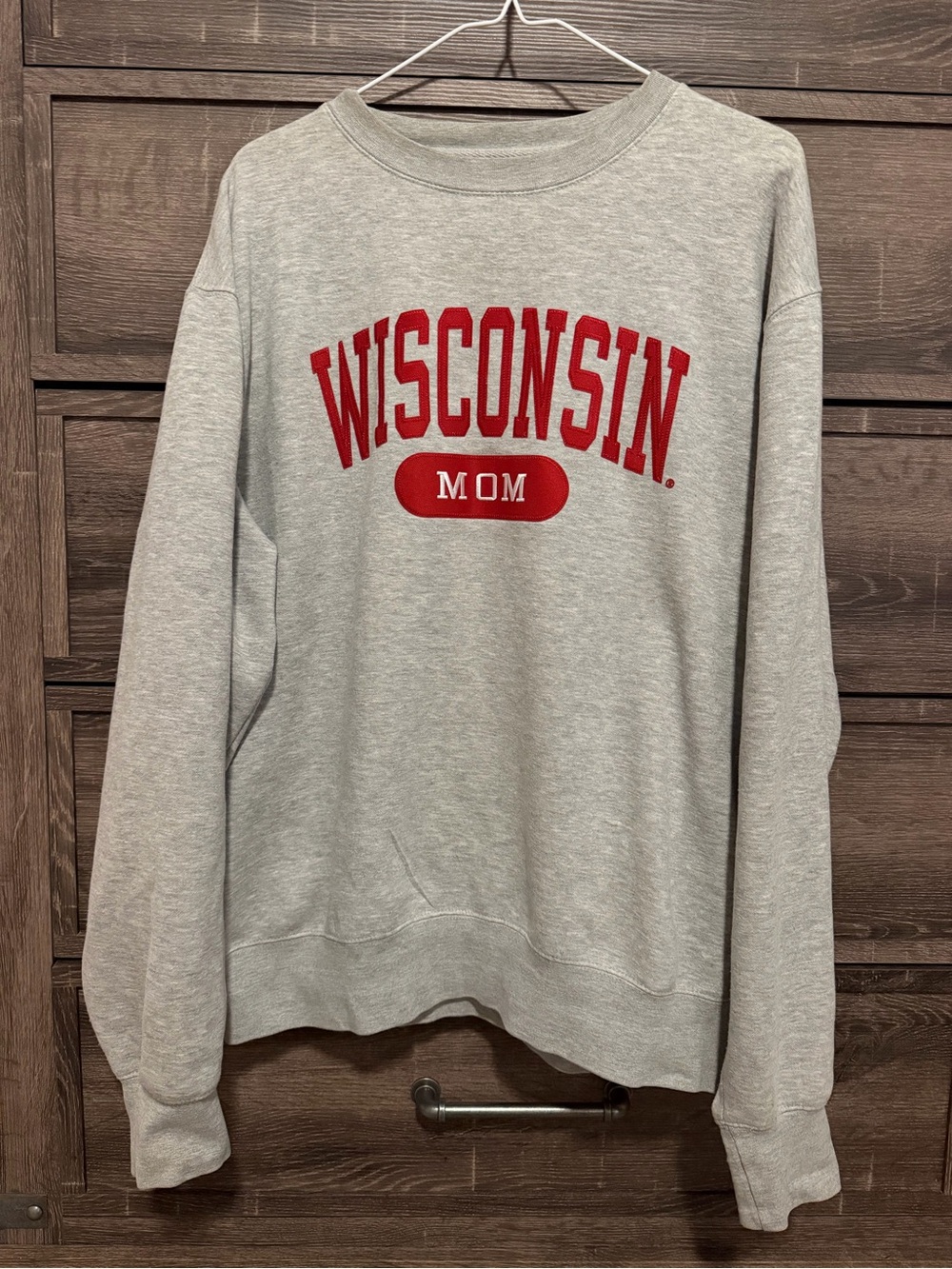 Blue 84 Light Gray Crewneck with Red Wisconsin Mom Graphic